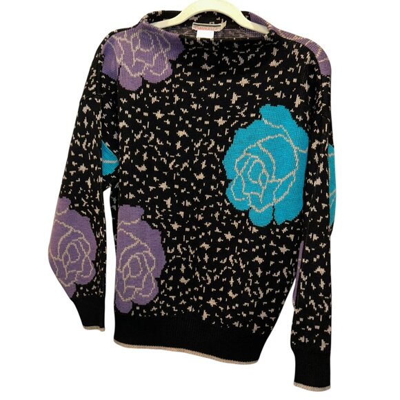 Vintage Sweaters - Emanuelle Vintage black with Blue Pruple rose intarsia knit sweater S